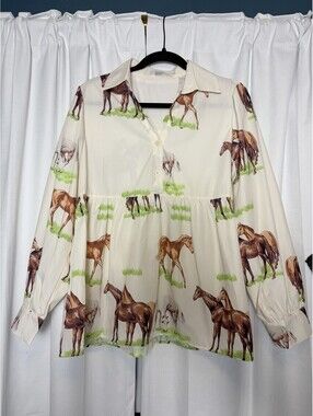 Sage Vell Cream Horse Print Peplum Collared Cotton Blend Blouse. Medium.